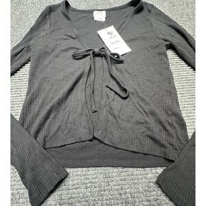 RVCA Love Me Long Sleeve Top Womens XS‎ Black Ribbed Tie Front Cropped Shirt NWT